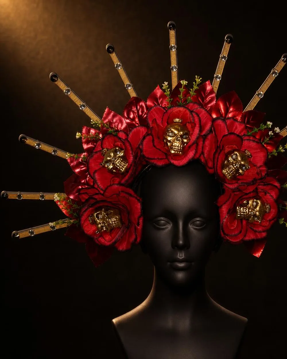 Jardín de Calaveras: rosas rojas con una calavera dorada en cada una