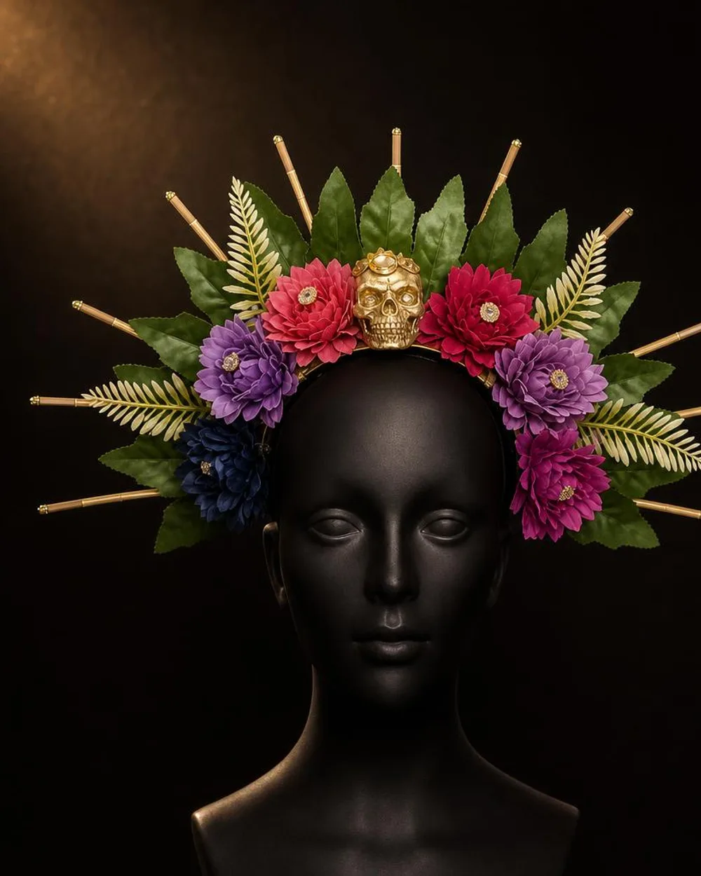 Jardín Silvestre: tocado de hojas verdes y flores de colores con calavera dorada
